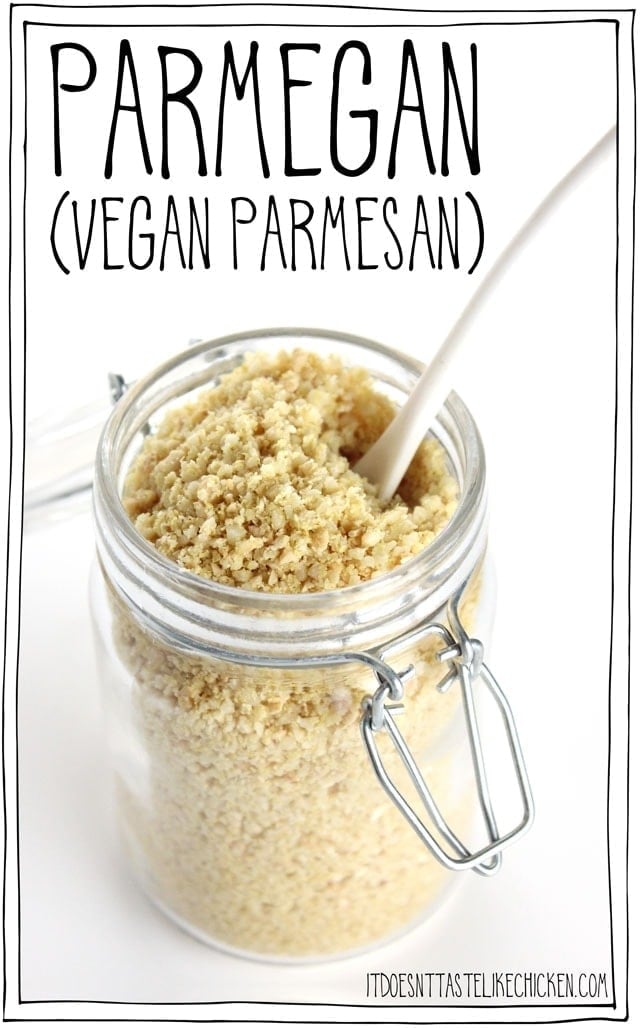 Parmegan (Vegan Parmesan). This 4 ingredient, 5 minute recipe is the perfect topping for any pasta, soup, salad, or anywhere you would use parmesan. Keep a jar on hand at all times! Dairy-free, gluten-free, vegetarian. #itdoesnttastelikechicken