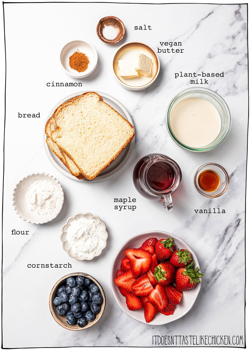 This Vegan French Toast recipe is crispy, fluffy and custardy, just like the classic! It's quick, easy and made with simple ingredients too. Ingredients for vegan French toast with labels.