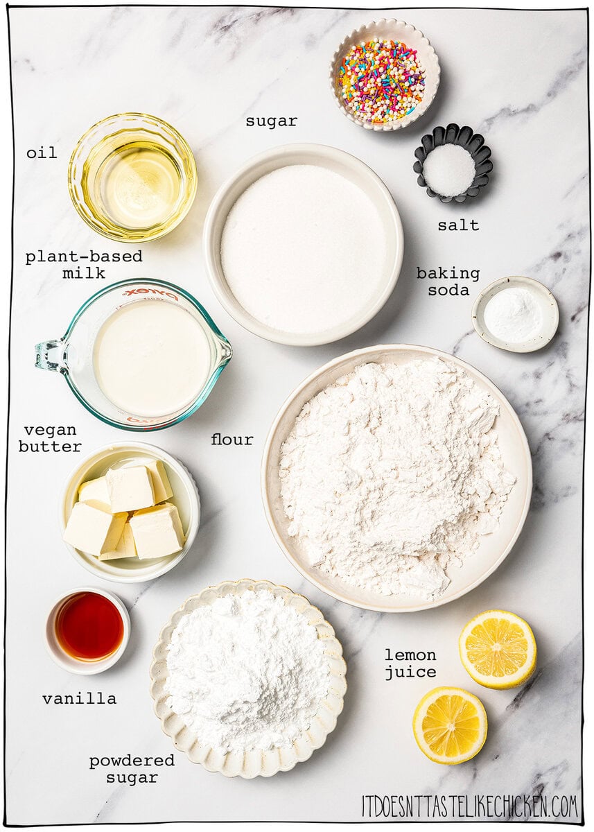 This soft and fluffy vegan vanilla cake recipe is perfect for birthdays and celebrations! It's super easy to make with pantry ingredients. Ingredients for vegan vanilla cake.