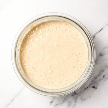 Vegan vanilla cake batter in bowl.