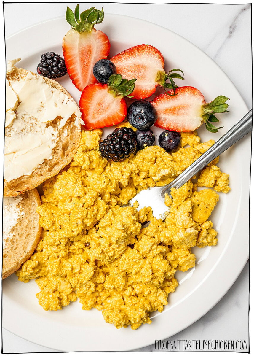 Plate of tofu scramble with fork.