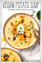 Bowl of soup with text overlay that reads vegan potato soup.