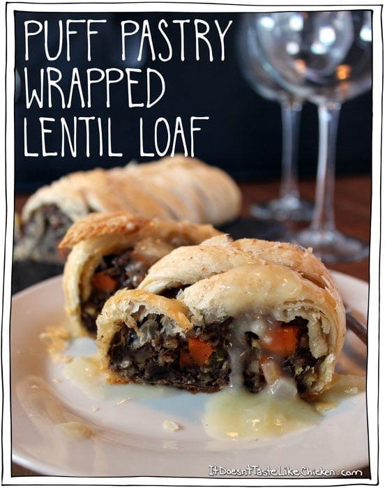 Puff Pastry Wrapped Lentil Loaf! The perfect vegan main dish for Thanksgiving or Christmas. Makes a great centrepiece for the table and tastes insanely good! Decadent, hearty, rich, flaky, all drizzled with vegan gravy. #itdoesnttastelikechicken