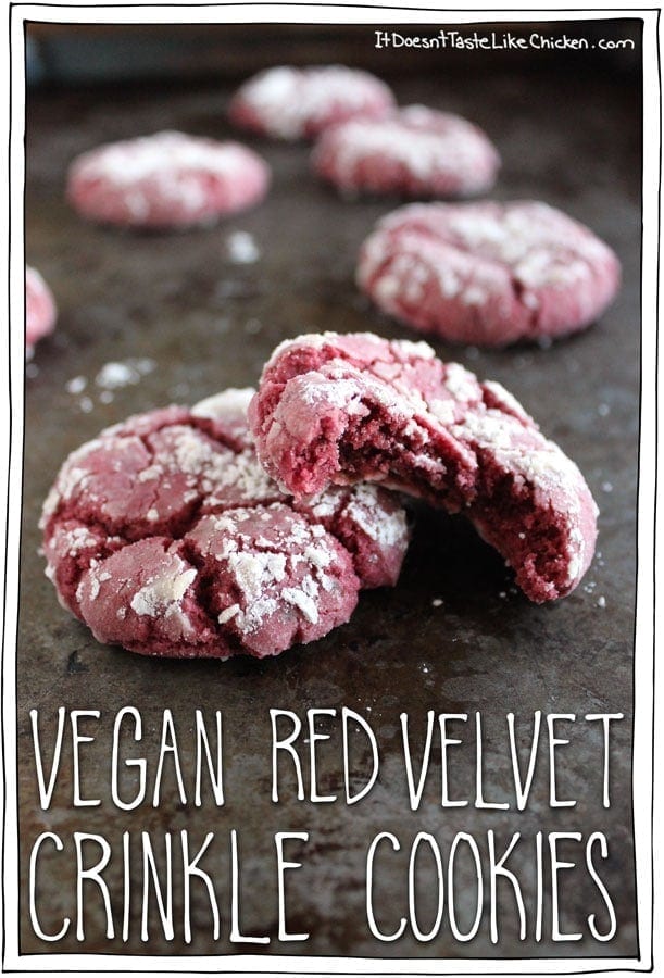 Vegan Red Velvet Crinkle Cookies. A super cute treat to make for Valentine's Day, or just any day that you need a cookie. (Which is everyday). #itdoesnttastelikechicken