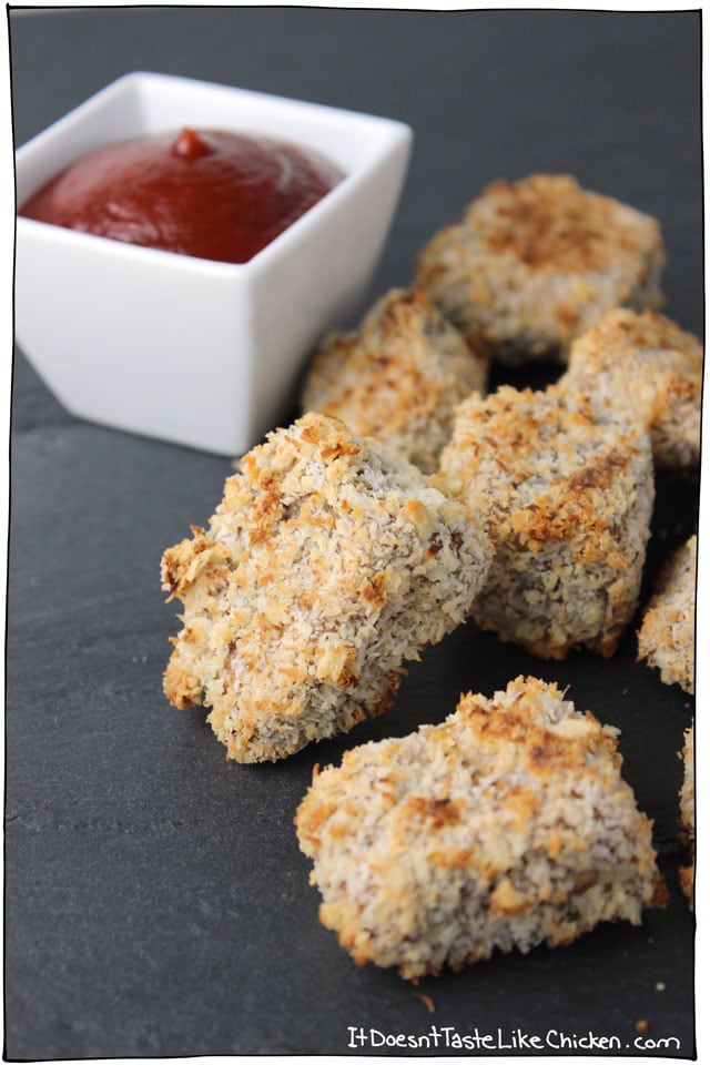 Crispy Coconut Eggplant Nuggets! Crispy, panko and coconut on the outside, soft and creamy on the inside. The eggplant looses all of those mushy qualities that I hate, and becomes this gorgeous, light, munchy snack. Can be baked or fried. Vegan and oil free. #itdoesnttastelikechicken