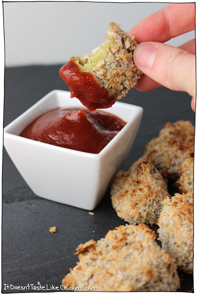 Crispy Coconut Eggplant Nuggets! Crispy, panko and coconut on the outside, soft and creamy on the inside. The eggplant looses all of those mushy qualities that I hate, and becomes this gorgeous, light, munchy snack. Can be baked or fried. Vegan and oil free. #itdoesnttastelikechicken