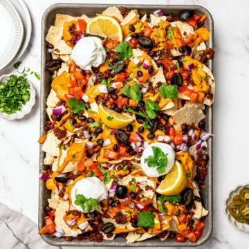 Vegan nachos on sheet pan.