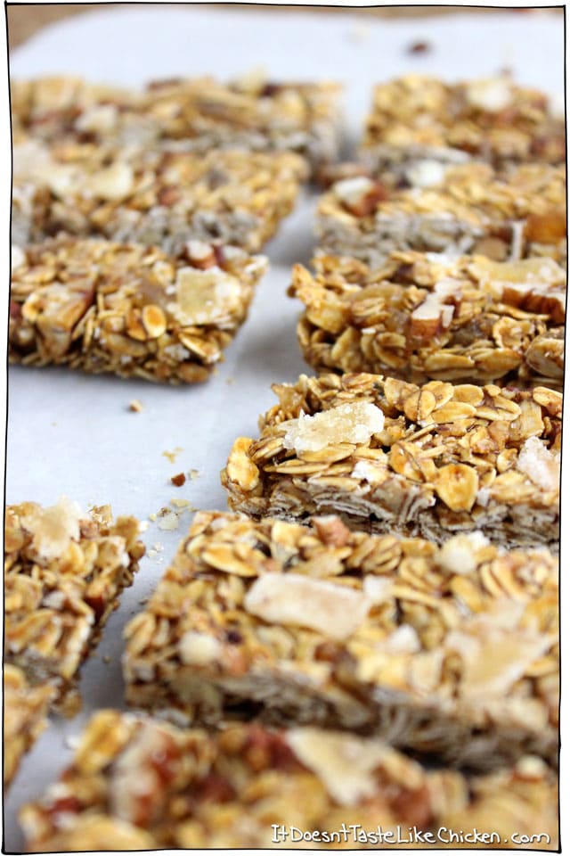 Molasses & Ginger Chew Granola Bars! The spicy and sweet candied ginger, the full and seasonal flavour of molasses, the soft pecans, and the chewy caramel coated oats make one might fine bar. Vegan, gluten free, and skip the pecans for a nut free option. #itdoesnttastelikechicken