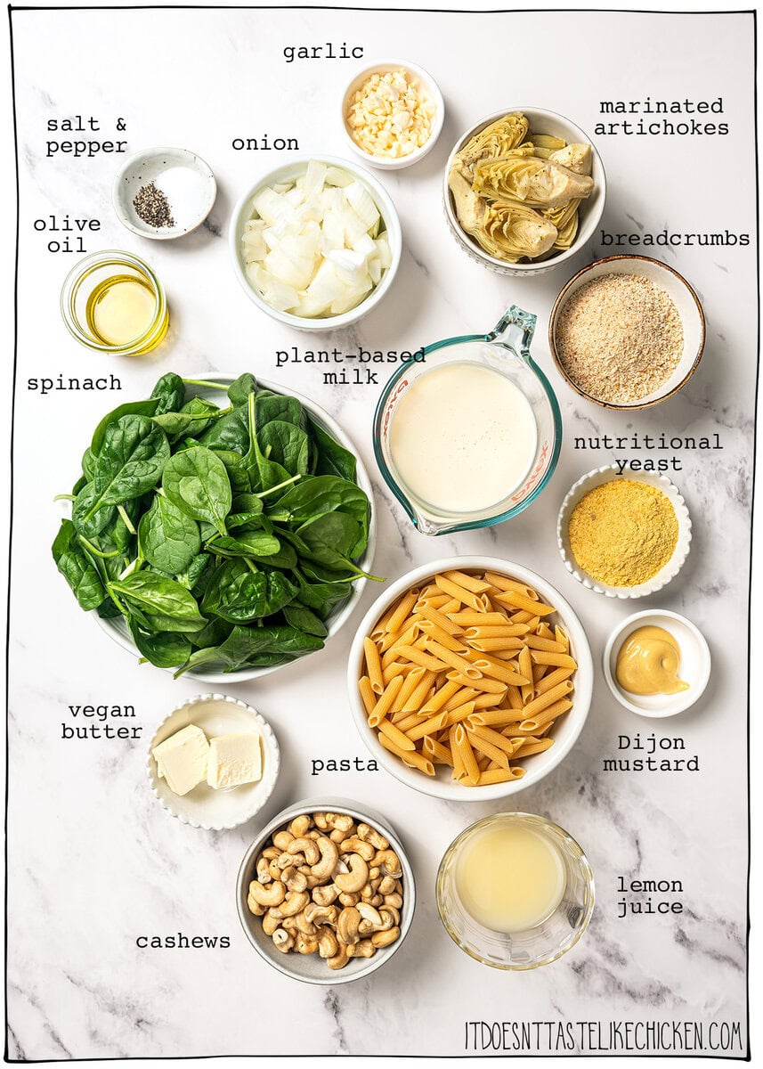 Ingredients for spinach artichoke pasta bake.
