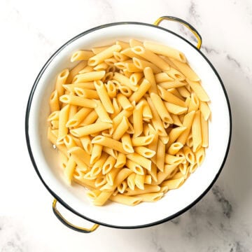 Cooked pasta in colander.