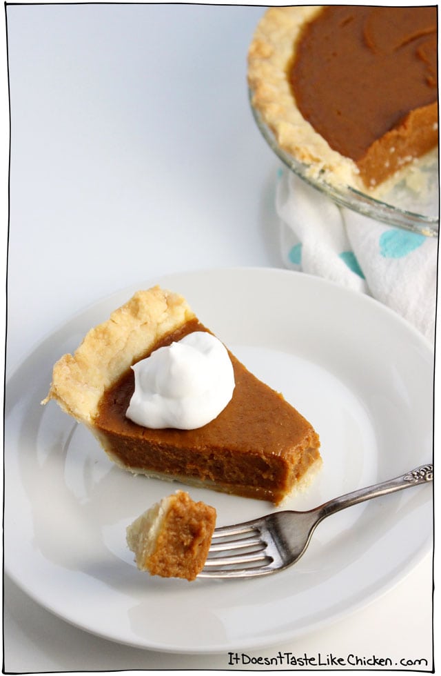 Easy vegan pumpkin pie! 9 easy ingredients, combine in a blender, pour into a pie shell, and bake. Done! Tastes best when made ahead of time making it a stress-free Thanksgiving dessert. The BEST go-to vegan pumpkin pie recipe ever. #itdoesnttastelikechicken #vegandesserts #veganthanksgiving