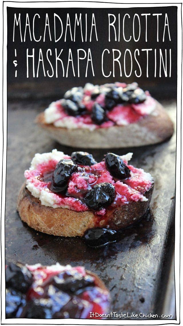 Macadamia Ricotta and Haskapa Crostini! This makes such a cute and easy vegan appetizer. Recipe for vegan macadamia ricotta, toast baguette slices, then top with a haskap berry relish! #itdoesnttastelikechicken