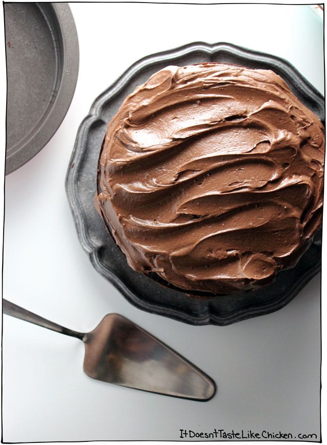The Ultimate Vegan Chocolate Cake! If you are looking for the chocolate cake of your dreams, this is it! Easy to make and also includes a recipe for vegan chocolate frosting. No one will know it's vegan! #itdoesnttastelikechicken