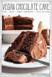 Slice of chocolate cake on plate with fork, with text overlay that reads vegan chocolate cake.