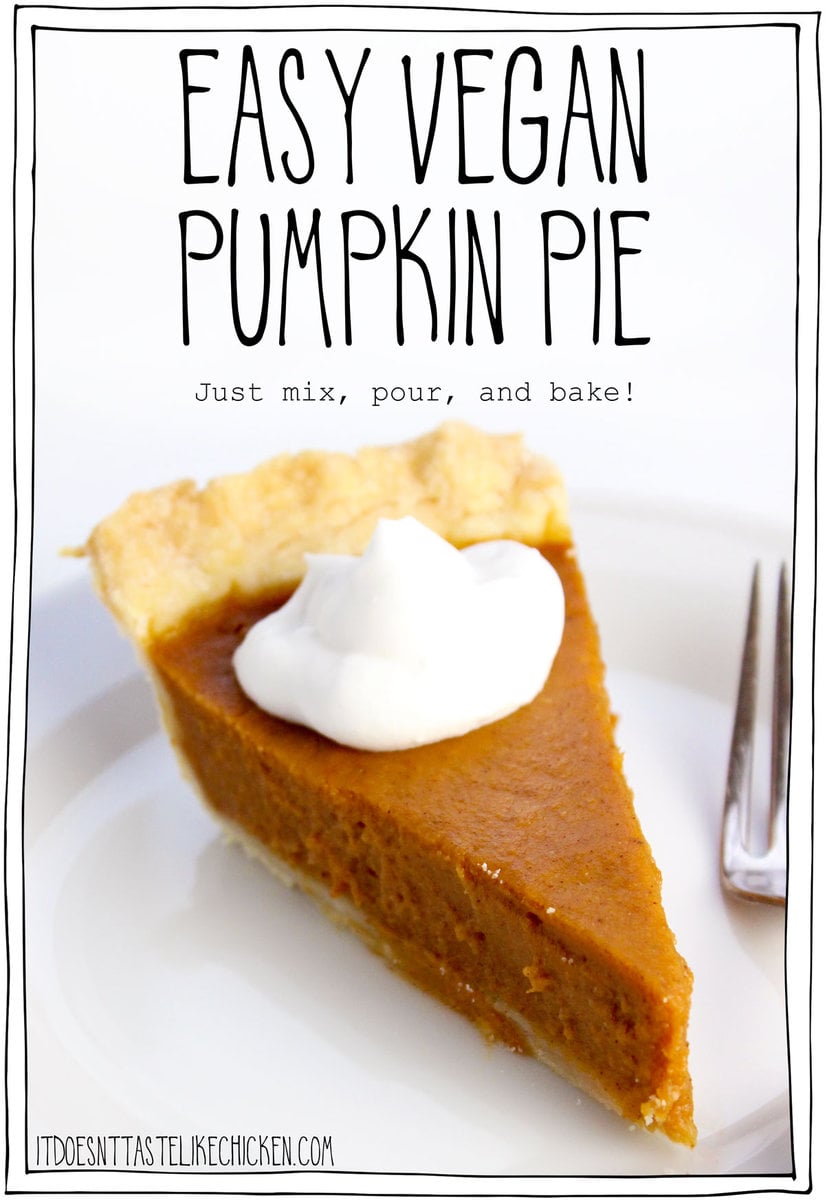 Just 9 easy ingredients (that you probably already have in your pantry). This pie is SO easy to make, just mix in a blender or in a bowl, pour into a pie shell, and then bake. Done! This Easy Vegan Pumpkin Pie tastes better than the original version (you won't be able to tell it's vegan). It has been the #1 most popular recipe on my blog since I posted this recipe back in 2015. It's an all-time fan-favorite recipe!  #itdoesnttastelikechicken #vegandesserts #veganthanksgiving