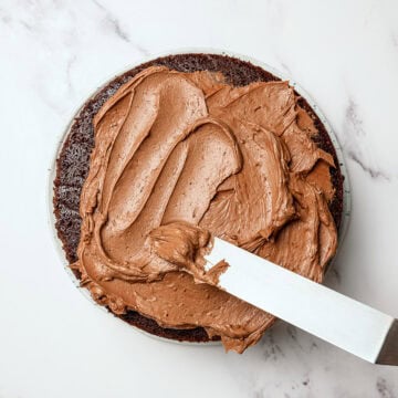 Spreading chocolate buttercream onto vegan cake.