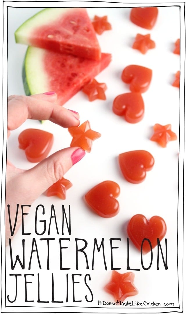 Vegan Watermelon Jellies! Only 4 ingredients make these lightly sweet little candies, and they're really easy to make too! #itdoesnttastelikechicken