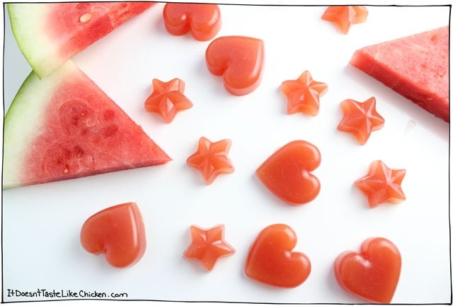 Vegan Watermelon Jellies! Only 4 ingredients make these lightly sweet little candies, and they're really easy to make too! #itdoesnttastelikechicken
