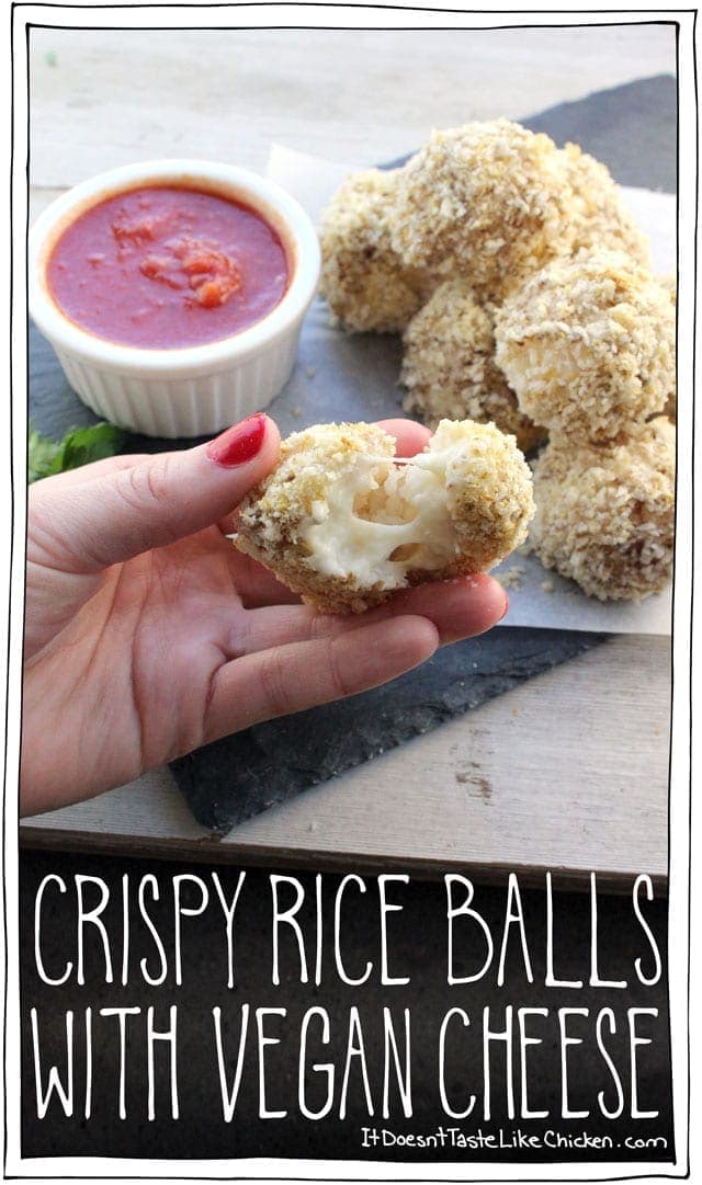 Crispy Rice Balls with Vegan Cheese! This is an easy take on the classic Italian appetizer arancini. The recipe includes a DIY mozzarella which only takes 15 minutes to make. Dip these crispy rice balls into your favourite marinara sauce. Perfect for parties! #itdoesnttastelikechicken