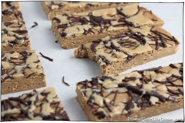 Peanut Butter & Chocolate Protein Bars. These taste exactly like the inside of a peanut butter cup! No bake and so easy to make! #itdoesnttastelikechicken