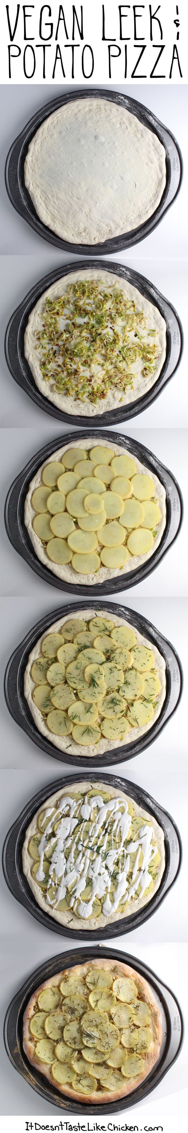 Vegan Leek & Potato Pizza! This pizza looks fancy but it is actually so easy to make. The layers of leek, potato, rosemary, and coconut milk make this pizza so flavourful and delicious. Perfect for an appetizer or the main dish. #itdoesnttastelikechicken