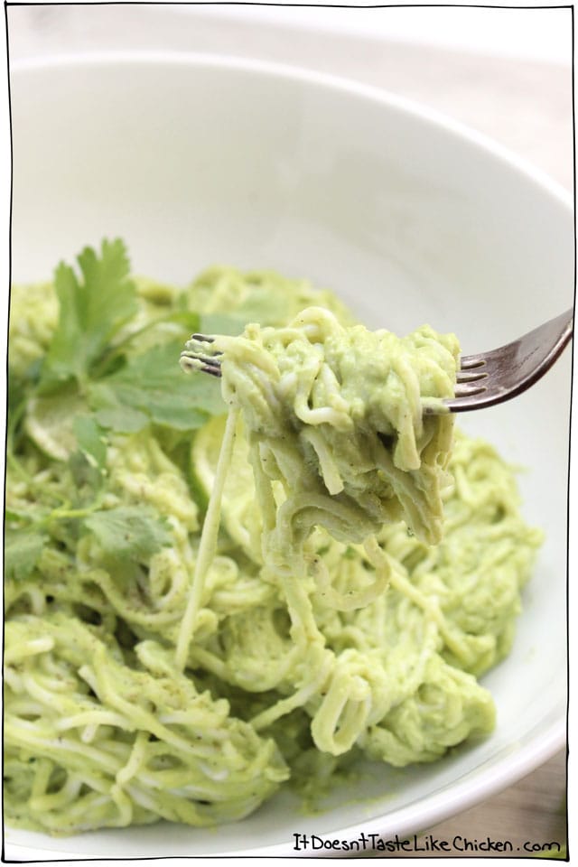 Creamy Vegan Cilantro Lime Noodles! Just 15 minutes to make! So quick and easy, and made with ingredients you probably already have on hand. Gluten free and oil free. #itdoesnttastelikechicken