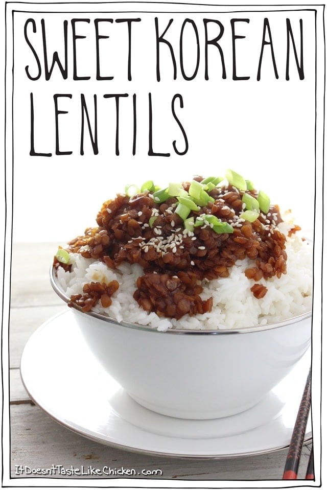 Sweet Korean Lentils. All the flavours of Korean BBQ made vegan and gluten free! Sweet and mildly spiced, just 15 minutes to make! #itdoesnttastelikechicken