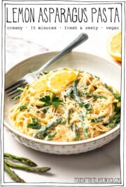 Bowl of pasta with text overlay that reads lemon asparagus pasta.