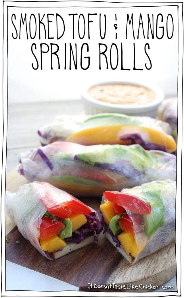 Smoked Tofu & Mango Spring Rolls are the perfect combo of smoky tofu, sweet mango, creamy avocado and crisp veggies, all topped with a peanut dipping sauce. Perfect vegan, vegetarian, gluten free appetizer. #itdoesnttastelikechicken