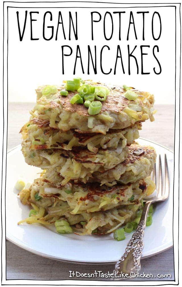 Vegan Potato Pancakes! Crispy on the outside, soft in the middle, full of potato goodness with a hint of spice throughout. Quick and easy recipe for those lazy nights when you have nothing but a couple potatoes. #itdoesnttastelikechicken