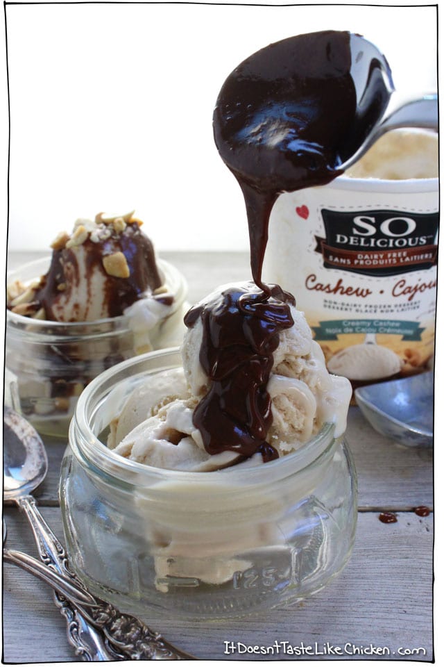 Vegan Peanut Butter Hot Fudge Sundae! Like seriously, whoa. Not only is this mind blowingly good, but the sauce takes just 5 minutes to make. The peanut butter gives the sundae this peanut butter cup kinda feel, and the So Delicious Cashewmilk Frozen Dessert is the perfect compliment with it's slightly salted taste. Gah! This recipe is a little too easy, and a little too delicious if you ask me. #itdoesnttastelikechicken