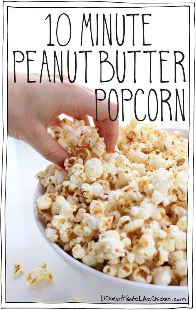 10 Minute Peanut Butter Popcorn. A quick and easy, lightly sweet, drizzled, creamy, peanut buttery, healthy snack. My new favourite nibble to quickly whip up for movie watching. Vegan and dairy free. #itdoesnttastelikechicken