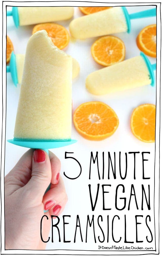 5 Minute Vegan Creamsicles (plus freezing time). Only 4 ingredients to make these popsicles. The perfect orange cream summer treat and they are actually pretty healthy too! #itdoesnttastelikechicken