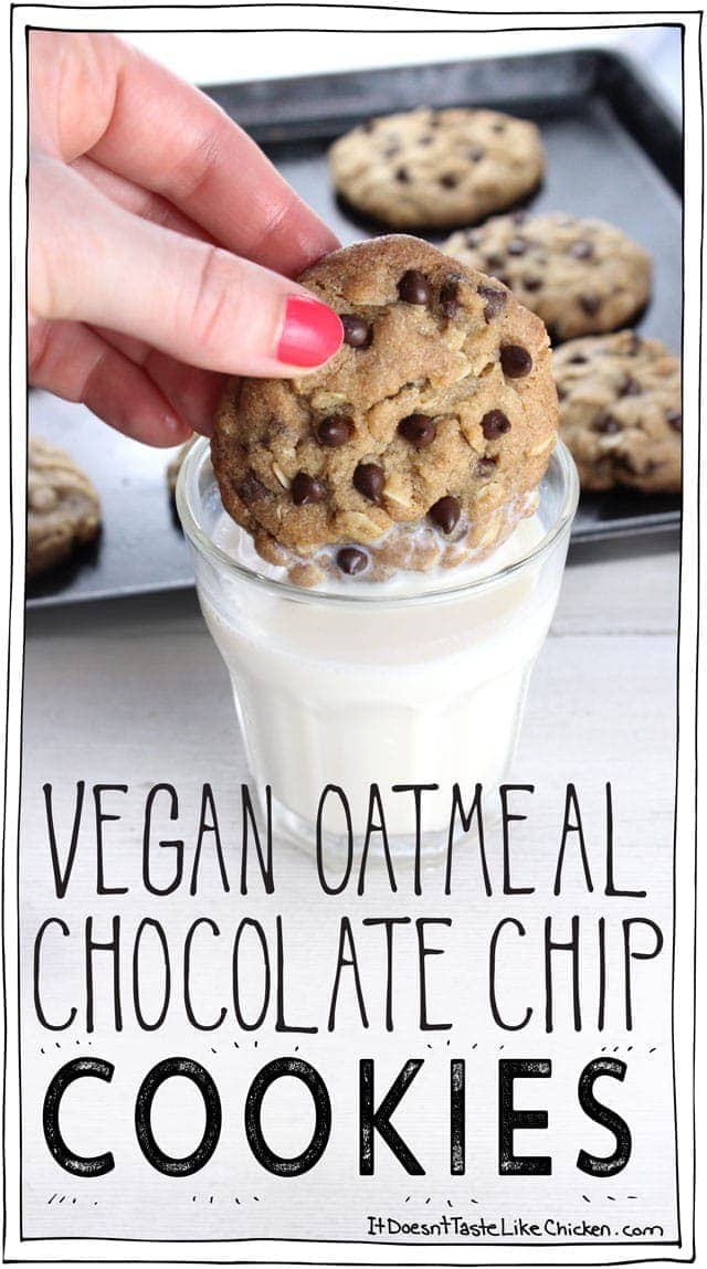 Vegan Oatmeal Chocolate Chip Cookies! Crispy on the outside, chewy in the middle. So easy to make with no weird ingredients. Dairy-Free and egg-free. #itdoesnttastelikechicken