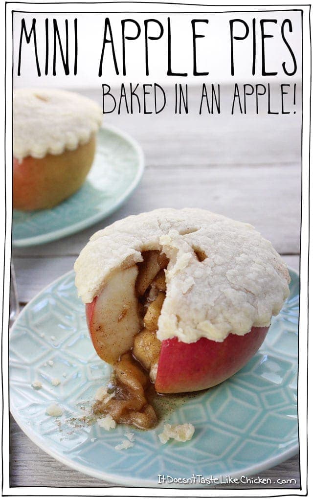 Mini Apple Pies - Baked in an Apple! Filled with sweet, cinnamon packed apple pie filling, topped with flaky crust, all in it’s own edible little warm apple shell. Cute dessert for fall, Thanksgiving, Christmas, or a special occasion. Dairy free and vegan. #itdoesnttastelikechicken
