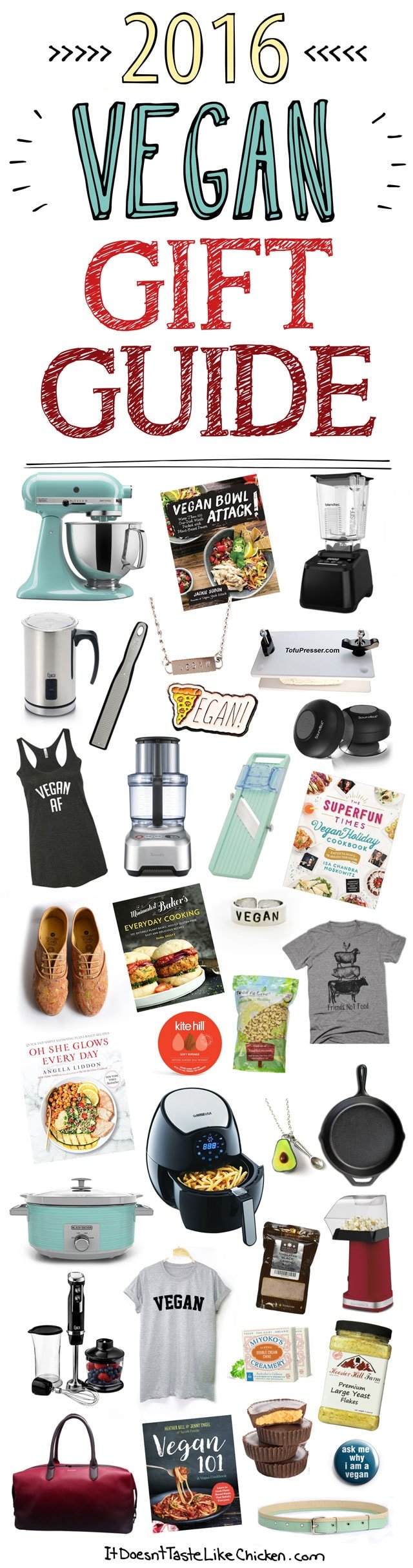 2016 Vegan Gift Guide to make all your holiday shopping easy. Lots of ideas to fit every budget. Just in time for Christmas! #itdoesnttastelikechicken