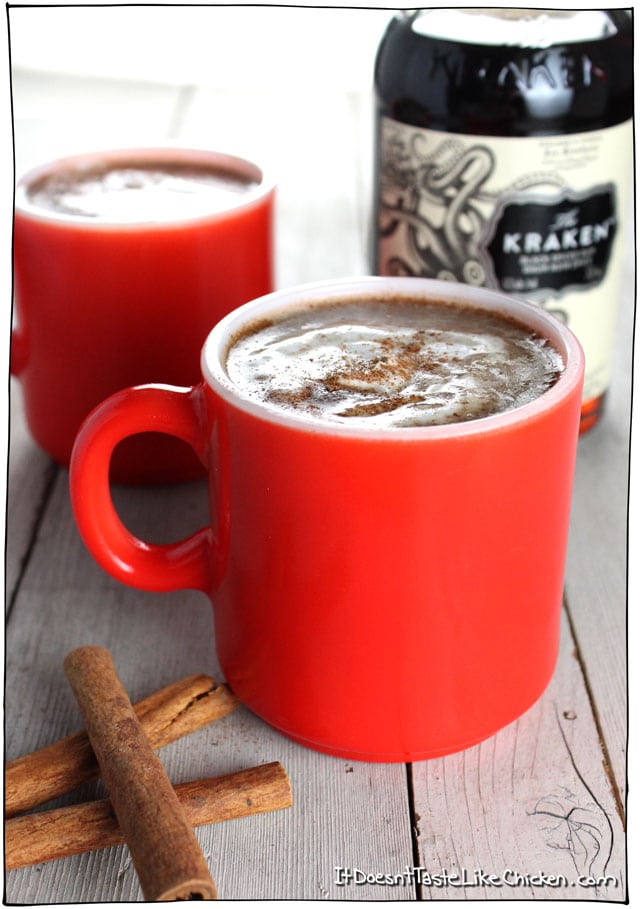 Vegan Hot Buttered Rum for 2! Quick and easy recipe for the perfect holiday cocktail. Creamy, dairy-free perfection. #itdoesnttastelikechicken