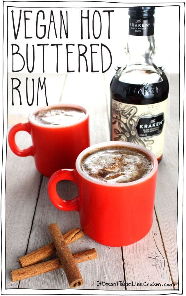Vegan Hot Buttered Rum for 2! Quick and easy recipe for the perfect holiday cocktail. Creamy, dairy-free perfection. #itdoesnttastelikechicken