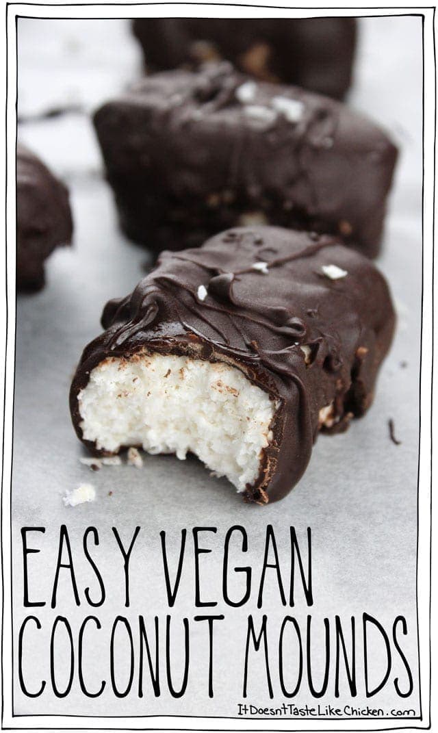 Easy Vegan Coconut Mounds! So easy to make and no baking is required. Makes a great gift (if you are willing to be that generous). Dairy free bounty bars! #itdoesnttastelikechicken