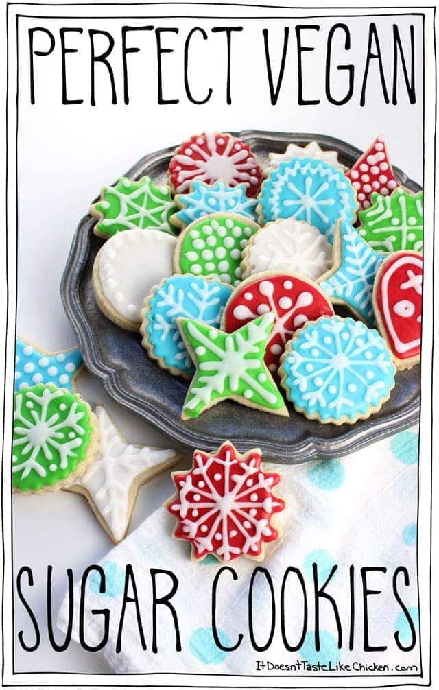 Perfect Vegan Sugar Cookies! Easy to make cut-out cookies that taste great! Perfect for any occasion. The holidays, Christmas, Valentines, or anytime you might want to decorate a cookie! A fun activity for kids. #itdoesnttastelikechicken #veganbaking #veganchristmas