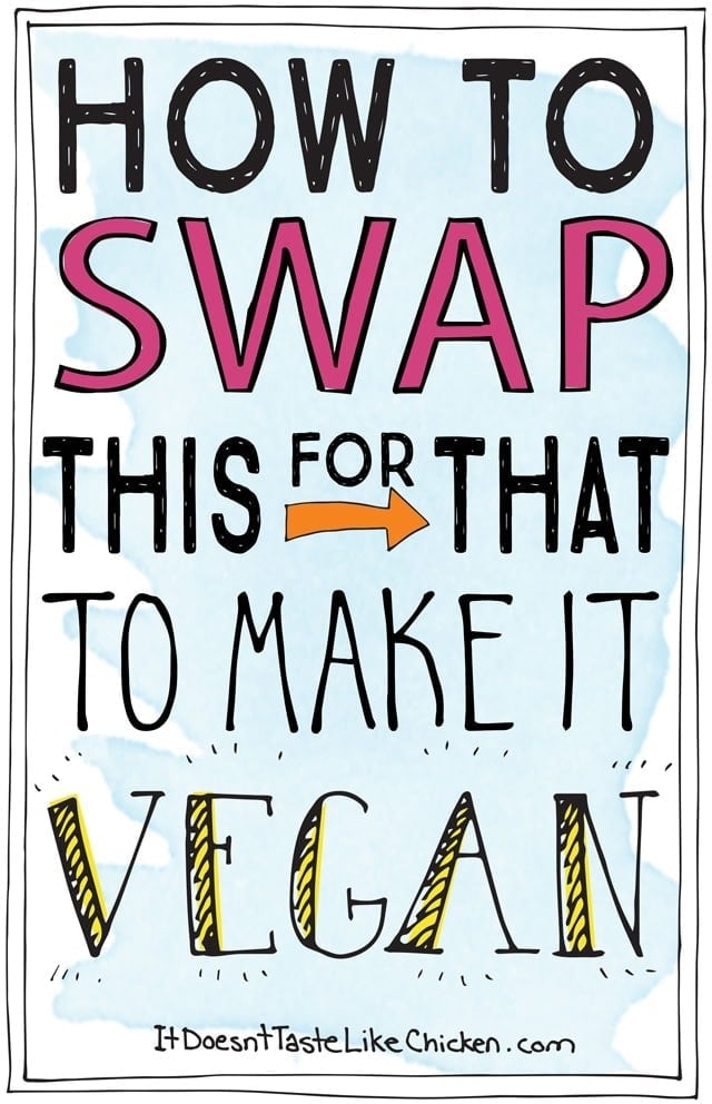 How to swap this for that to make it vegan! The ultimate substitution guide to make dairy-free, meat-free, and egg-free cooking and eating easy (and delicious)! #itdoesnttastelikechicken