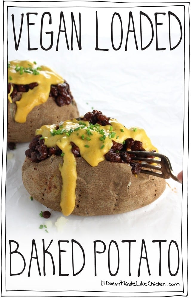 This Vegan Loaded Baked Potato has lightly crisp skin on the outside, and is fluffy in the middle, layered with BBQ beans, and easy to prepare dairy free nacho cheese. So delicious! #itdoesnttastelikechicken