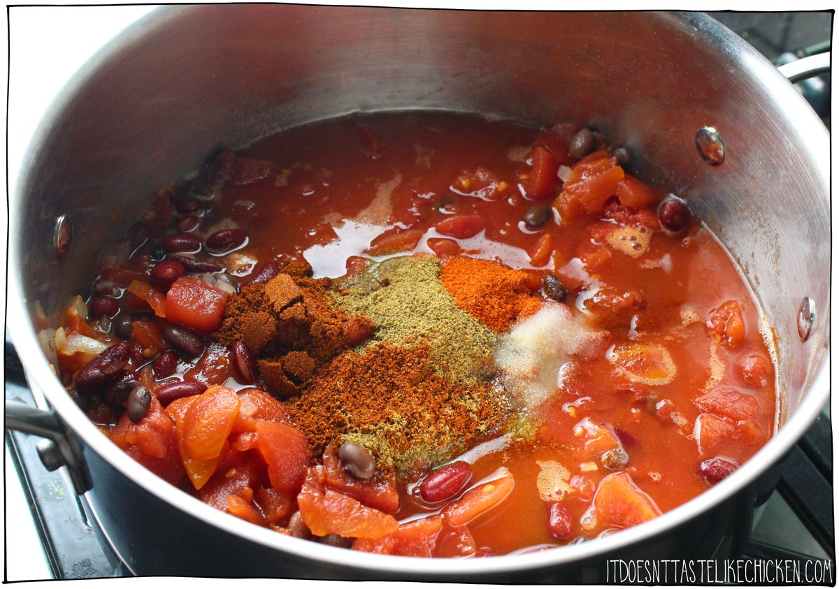 Add all the ingredients to a large pot and bring the chili to a simmer and cook for 1 hour.
