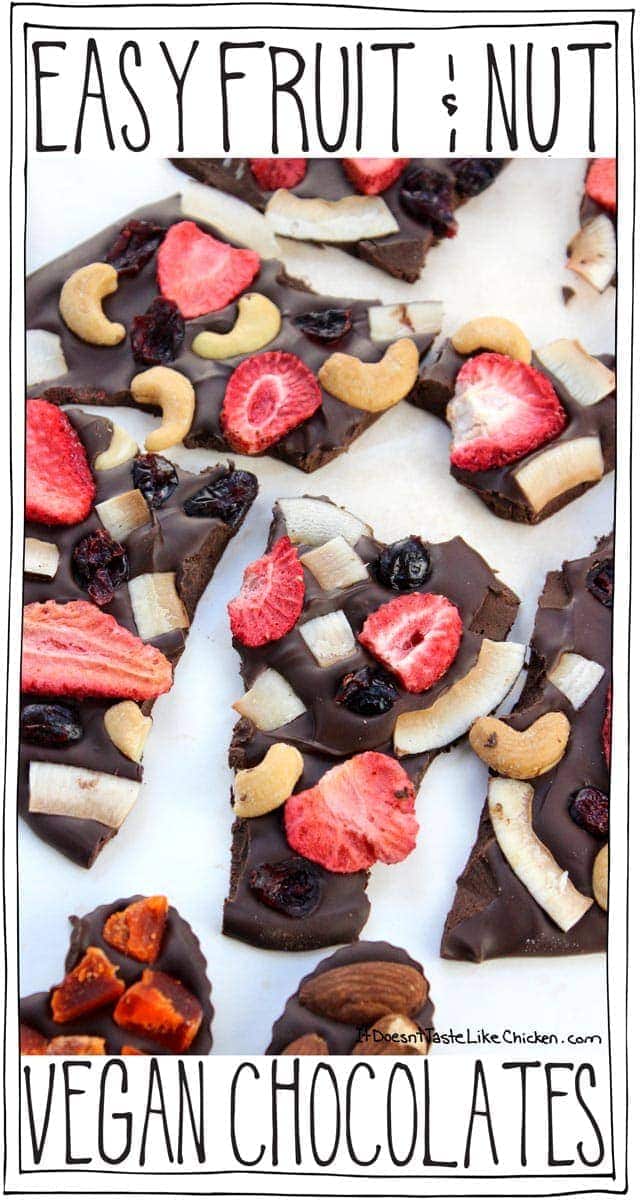 Easy Fruit & Nut Vegan Chocolates! This Valentine's Day gift recipe is so incredibly easy, just melt dairy-free chocolate chips, pour into a mold or onto parchment paper, then top with your favourite dried fruit and nuts. #itdoesnttastelikechicken