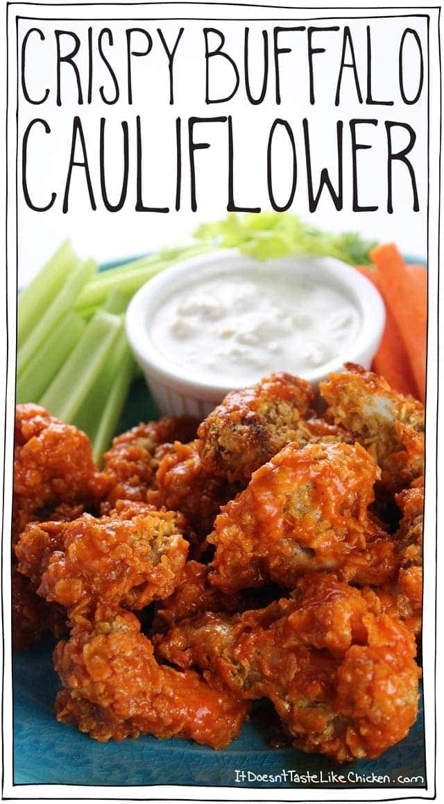 Crispy Buffalo Cauliflower! Spiced corn flake coated florets are baked making these an easy healthy alternative to chicken wings. Great appetizer for the Super Bowl or any bar night. Vegan, vegetarian, gluten free. #itdoesnttastelikechicken