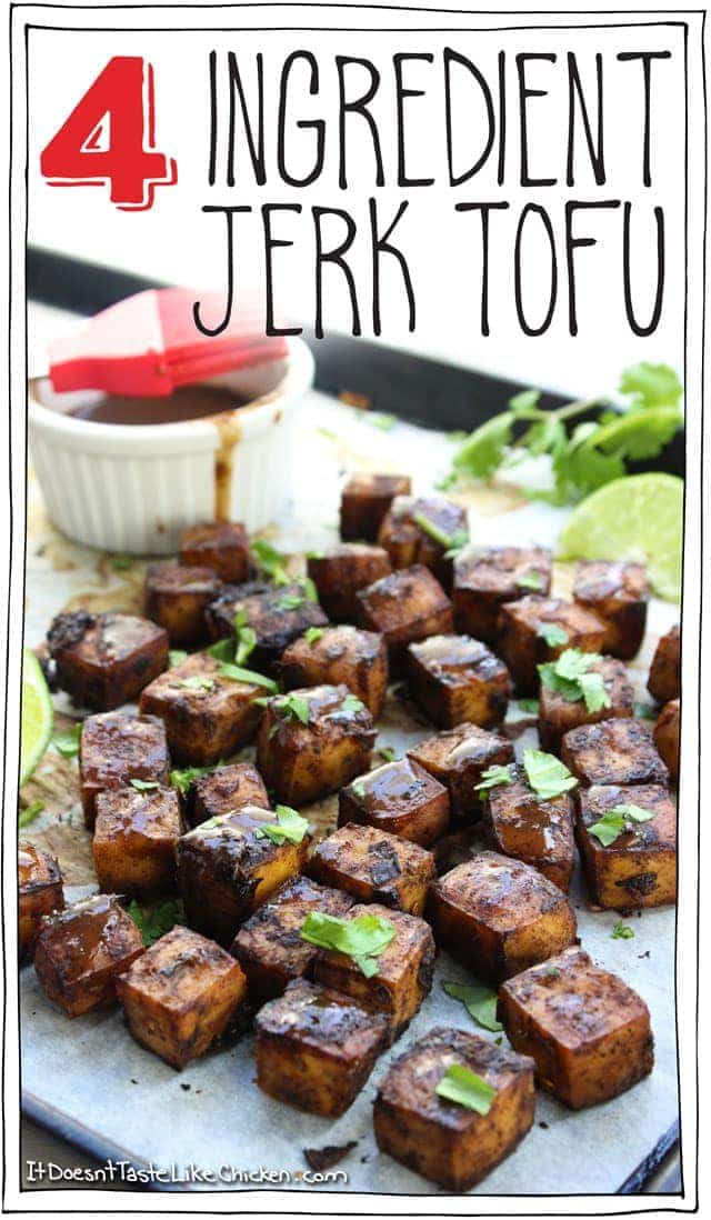 4 Ingredient Jerk Tofu! It's mouth-explodingly flavourful, perfectly spiced, with a fresh squeeze of lime. Slowly baking the tofu gives it this amazing sink your teeth into chewy texture. Vegan, vegetarian, Jamaican inspired. #itdoesnttastelikechicken