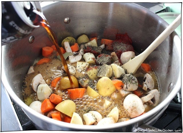 Vegan Irish Stew! Perfect for St. Patrick's Day. Hearty vegetables in a rich, earthy, thick stout beer broth. It's a stick to your ribs kinda stew! #itdoesnttastelikechicken