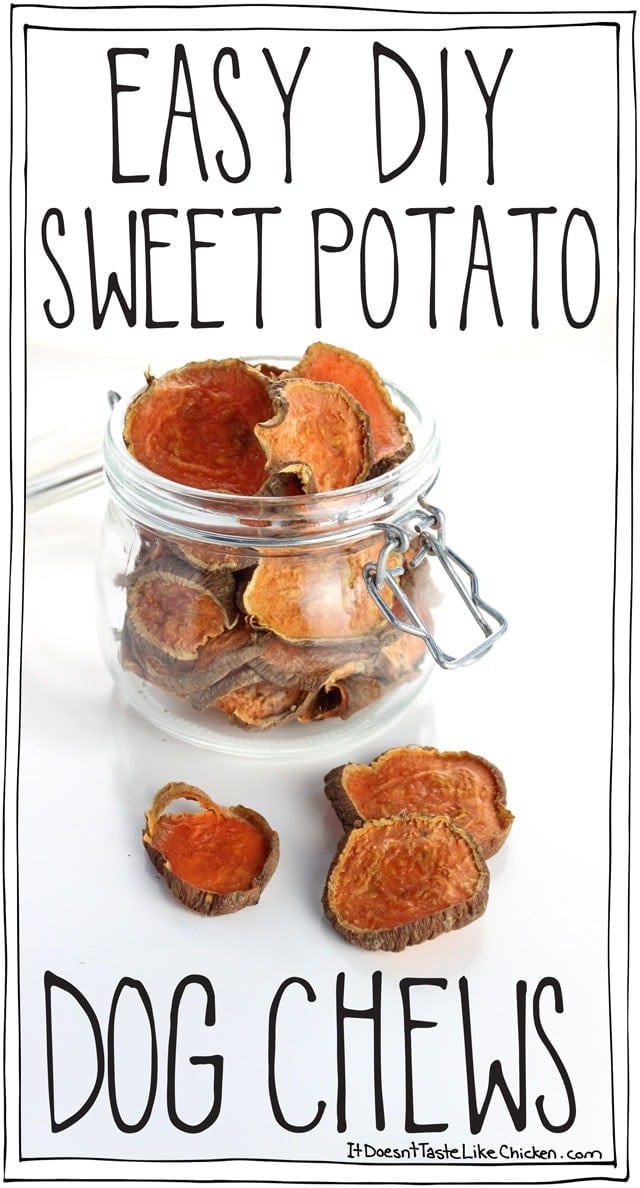 Easy DIY Sweet Potato Dog Chews, just like the store-bought treats but a fraction of the price. Dogs love these and they make a great gift! #itdoesnttastelikechicken