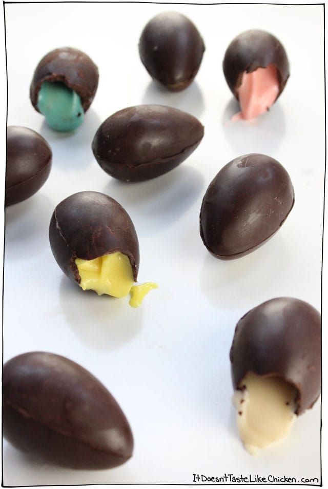 Vegan Chocolate Creme Eggs. The perfect DIY candy recipe for Easter! Just like Cadbury but better. Dairy-free homemade dessert. #itdoesnttastelikechicken