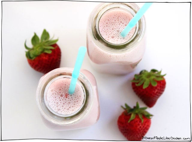 3 Ingredient Vegan Strawberry Milk! Takes just 15 minutes to make and tastes like REAL strawberries. #itdoesnttastelikechicken